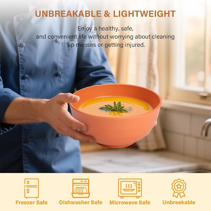 Large Bowls, 60 Oz Salad Bowls, Large Cereal Bowls, 8PCS Unbreakable Wheat Straw Serving Bowls for Pho, Popcorn, Soup & Oatmeal, Microwave & Dishwasher Safe for Kitchen, Camping (Multi)