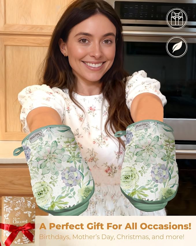 100% Thick Cotton Mini Oven Mitts Silicone Grip Bright Succulents | Elegant Classic Oven Mitts for Women, Machine Washable, Non-Slip, Reversible Design Fits Both Hands, Stylish Kitchen Decor