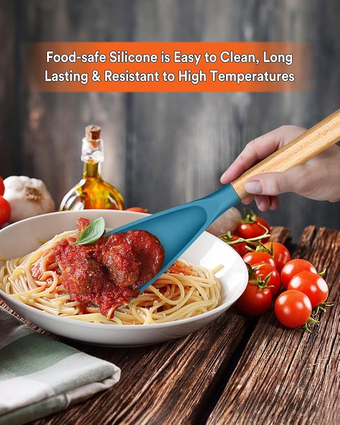 Multifunction Spoon for Nonstick Cookwares, Great for Cooking and Serving, Sturdy BPA-Free Matte Silicone, Wood Handle spoonula for Mixing, Scoop, and Scrape, Turquoise(2 pack,11.4" & 13.4")