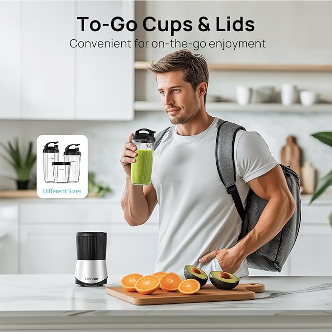 Consciot 11-Piece Blender for Kitchen and Personal Size, 900 Peak Watts | Blend Shakes & Smoothies, Frozen Drinks, Baby Food, Spreads & More, 3 Portable BPA-Free To-Go Cups, 2 Spout-Lids & 1 Flat-Lid