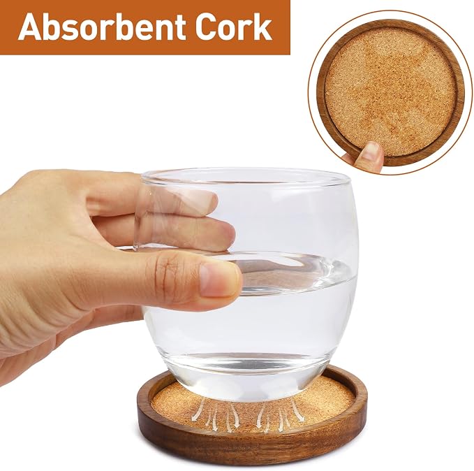 Stackable Wood Absorbent Cork Coaster Set of 4 for Drink, Home Decor | Stackable (Compact Design), 4.25 inch Large, Extra Thick, Absorbent Cork Coasters Set for Tabletop Protection