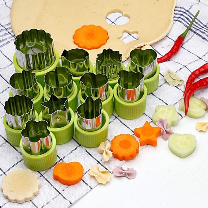 Cookie Cutter Sets for Kids, LetGoShop 12 Shapes Biscuit Cutters Baking Mold with Safty Handle and 10 Cartoon Food Fork, Stainless Steel Mini Vegetables and Fruits Cutters for Kids Lunch
