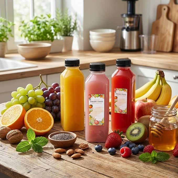TOMNK 12pcs 16oz Plastic Juice Bottles with Caps, Sticker Labels, Brush | Reusable Clear Bottles with Lids and Labels, Funnel, Brush Beverage Containers for Juicing, Smoothies, Tea, Milk