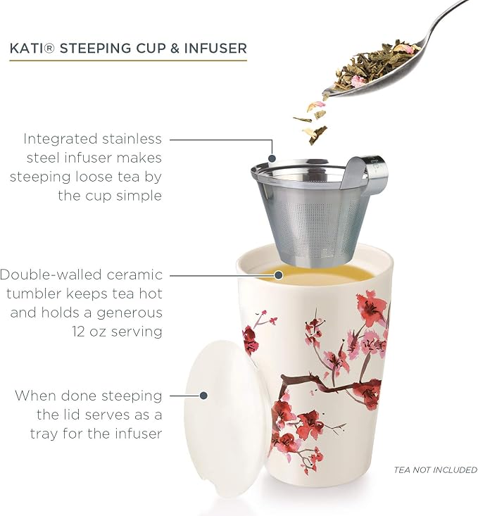 Tea Forte Double-Walled Ceramic Kati Cup, Removable Stainless Steel Infuser Basket and Lid, Steeps 12 oz Loose Leaf Tea, Dishwasher & Microwave Safe, Cherry Blossom | Insulated Ceramic - Stainless Steel Loose Leaf Infuser - Keeps Tea Hot Longer - Lid I...