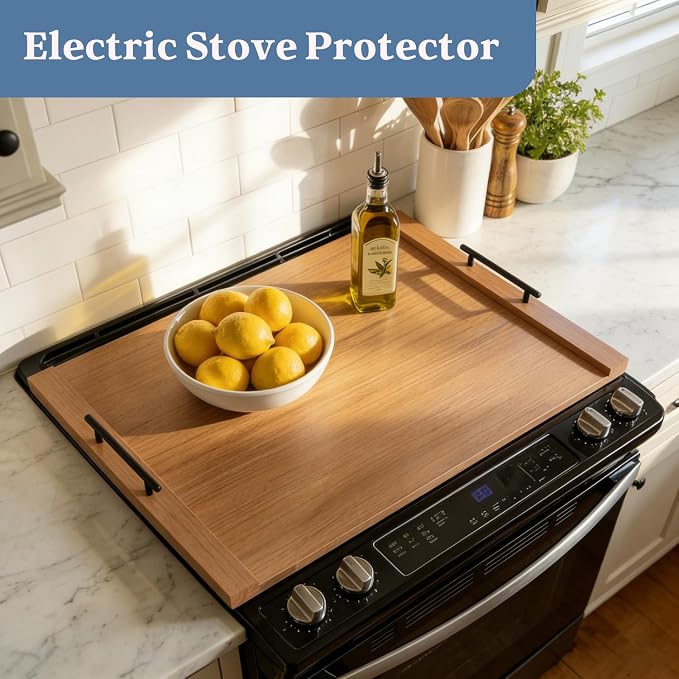 Walnut Finish Stove Top Cover for Gas & Electric Range | 30"x22" Rustic Noodle Board with Handles | RV Kitchen Workspace Saver