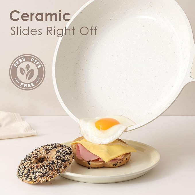 SENSARTE Ceramic Frying Pan Nonstick 9.5-Inch, Healthy Non Toxic Skillet, Induction Compatible Omelet Pan with Heat Resistant Handle, PFAS-Free, Cream White