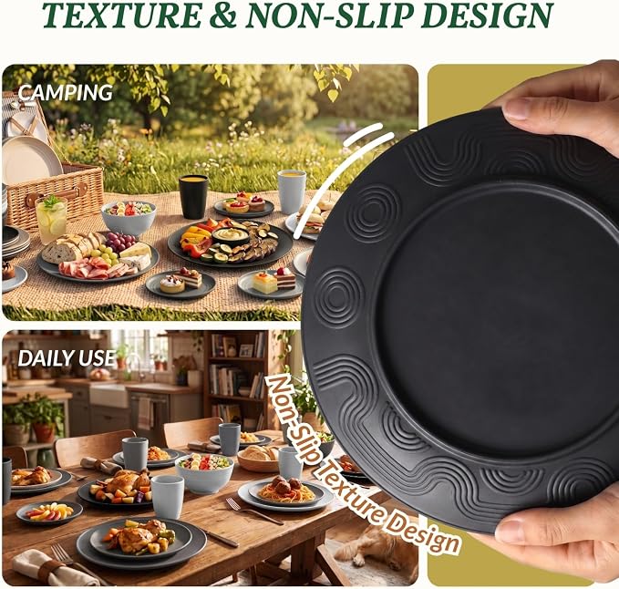 40 PCS Kitchen Plates and Bowls Sets for 8 Wheat Straw Dinnerware Sets Microwave and Dishwasher Safe Camping Dish Set Plate Set, Kids, Reusable, Unbreakable, Lightweight-BlackGrey