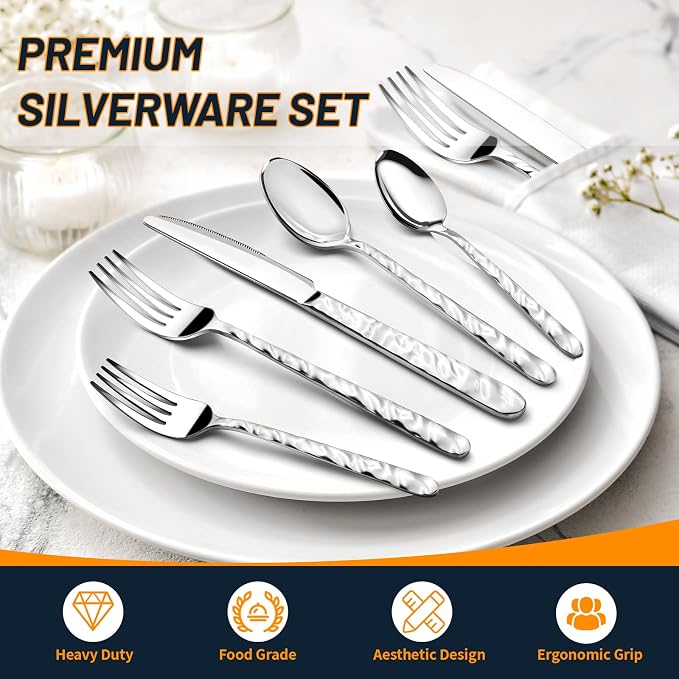 NICE KITCHEN 60 Piece Silverware Set for 12 | Food-Grade Stainless Steel Utensils Set,Wave Style Design & Mirror Polished - Dishwasher Safe