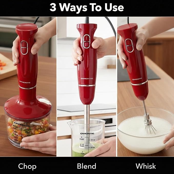 OVENTE Electric Hand Blender Set with 2 Mixing Speeds, 300W Red HS565R | Corded Immersion Handheld Stick Mixer with Stainless Steel Blades, Egg Whisk, Beaker & BPA-Free Food Chopper