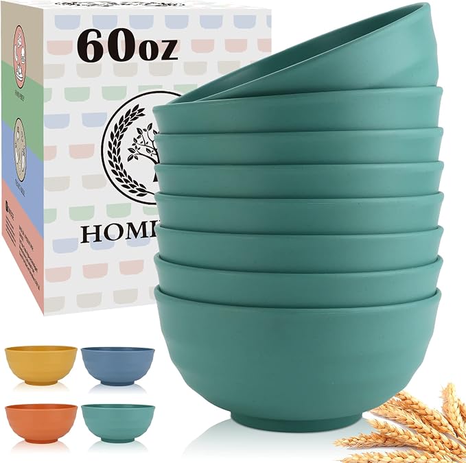 Large Bowls for Eating: Set of 8 Unbreakable 60oz Wheat Straw Bowls, Non-Plastic & Microwave Safe for Everyday Salad, Soup & Oatmeal (Green)