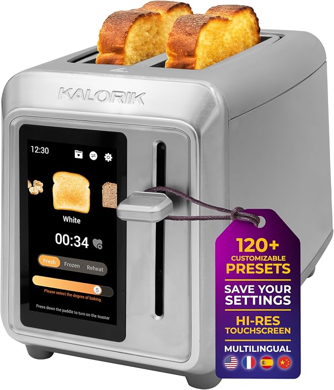 Kalorik Toaster VIVID TOUCH Series 2-Slice with Large High-Resolution Touchscreen and Customizable Cooking Presets by Bread Type, Features Wide Slots and High Lift Lever, 1000-Watts, Stainless Steel