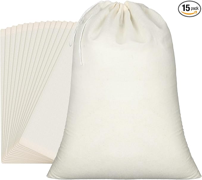 Pangda 15 Pcs Muslin Bags with Drawstring 12 x 16 Inch Cotton Grocery Drawstring Bag Canvas Large Storage Cloth Bags Bulk Reusable Grocery Sacks for Grains Bread Fruit Party Wedding Home Storage