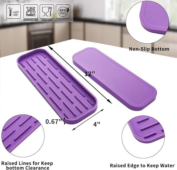 MicoYang Silicone Kitchen Sink Organizer Tray for Multiple Usage,Eco-Friendly Sponges Holder for Kitchen Bathroom Counter or Sink,Dish Soap Dispenser,Scrubber,Bottle,Cup (Purple, 12"×4")