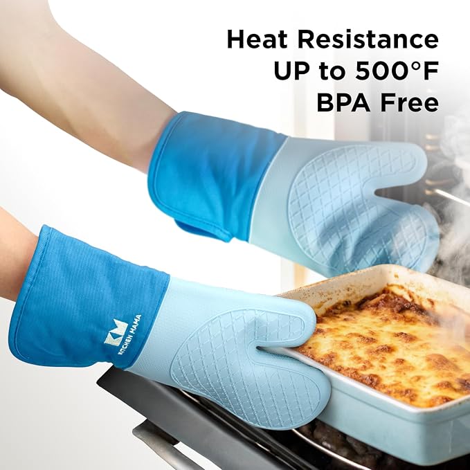 Kitchen Mama UltraShield Silicone Oven Mitts, Blue | Heat Resistant, Non-Slip Surface, Waterproof, Flexible, Durable