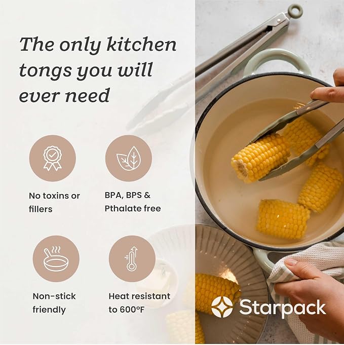 Starpack Get a Grip Silicone Kitchen Tongs (2-Pack, 9" + 12") - LFGB Non Toxic, 600°F Heat Resistant, BPA-Free - Heavy-Duty Stainless Steel, Locking - Dishwasher Safe for Nonstick Cookware Sage Green