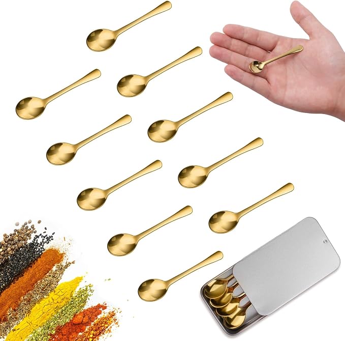 10PCS Tiny Spoons - Mini Stainless Steel Spoons 2.9 inch for Salt Jars Spice Jars, SUS 304 Food Grade Seasoning Spoon for Powder Spices, Pepper, Sugar, Coffee (10, 2.9Inch(7.3cm)-Gold)