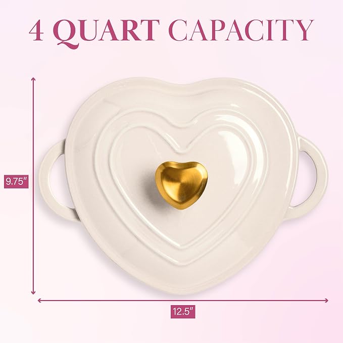 Paris Hilton Enameled Cast Iron Dutch Oven Pot with Lid, Heart-Shaped Dutch Oven, Durable Cast Iron Pot with Dual Handles, Oven Safe to 500°F, Works on All Stovetops, 4-Quart, Cream