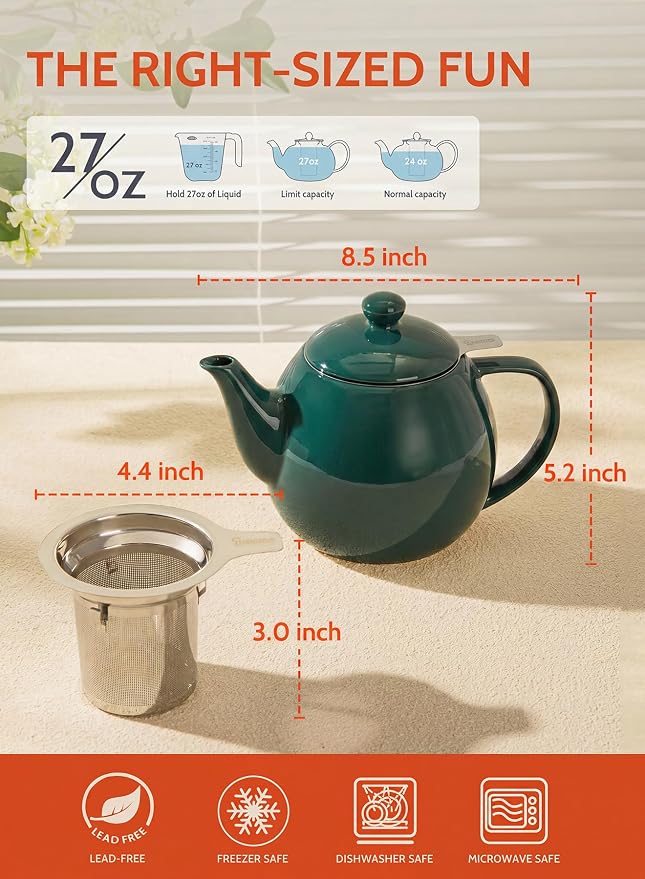 Sweese Porcelain Teapot 27 oz with Infuser for Loose Leaf Tea, Sage Green
