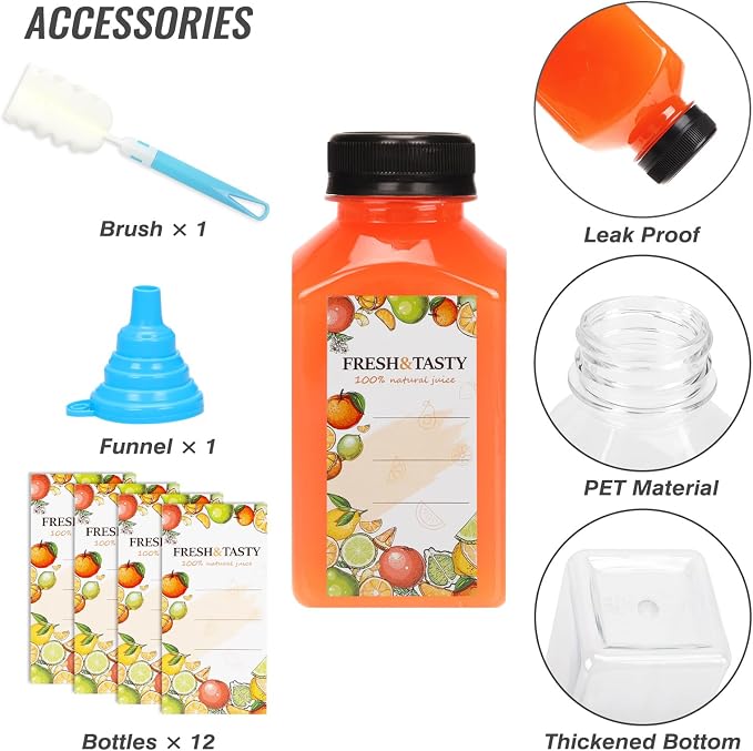 12pcs 10oz Plastic Juice Bottles with Caps, Sticker Labels, Brush | Empty Reusable Clear Bottles with Label, Funnel and Brush Beverage Containers Bulk with Lids for Juicing, Smoothies, Fridge