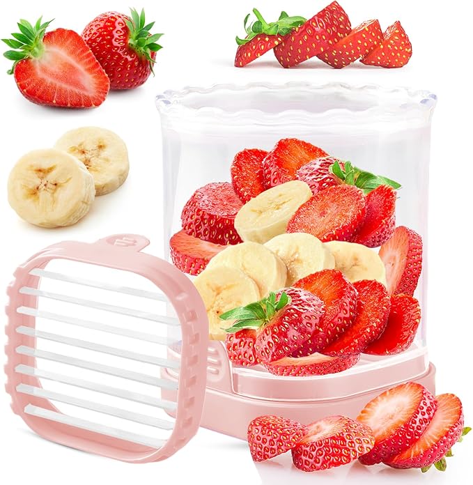 Creative Strawberry Slicer, Detachable Cutter with Push Plate (Pink)