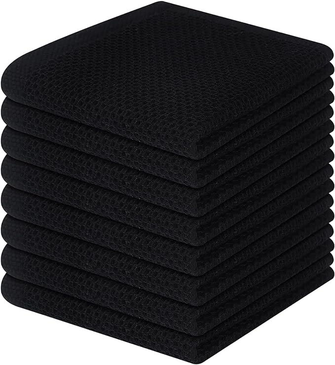 Homaxy 100% Cotton Waffle Weave Kitchen Dish Cloths 8-Pack, Black | 12 x 12 Inches, Ultra Soft Absorbent Dish Towels, Quick Drying Dish Rags with Hanging Loop