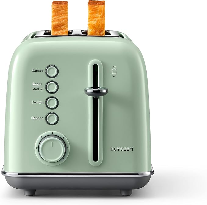 BUYDEEM DT620 2-Slice Toaster, 7 Shade Settings, Extra Wide 1.5'' Slots for Bagel & English Muffin, 6 Toasting Functions, Retro Stainless Steel Toaster with High Lift Lever, Cozy Greenish