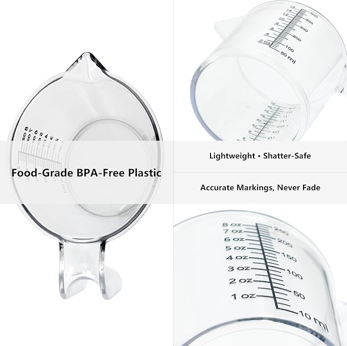 1 Cup Liquid Measuring Cup with Ounces, Food-Grade Plastic Measuring Cup with Permanent Laser-Etched Markings, Clear Single Measuring Cup