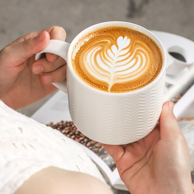 HASENSE Coffee Mugs with Metal Stand,15 oz Ceramic Stackable Mug Set Embossed Latte Cup, Ceramic Coffee Cups with Handle for Cappuccino and Tea, Multi Color