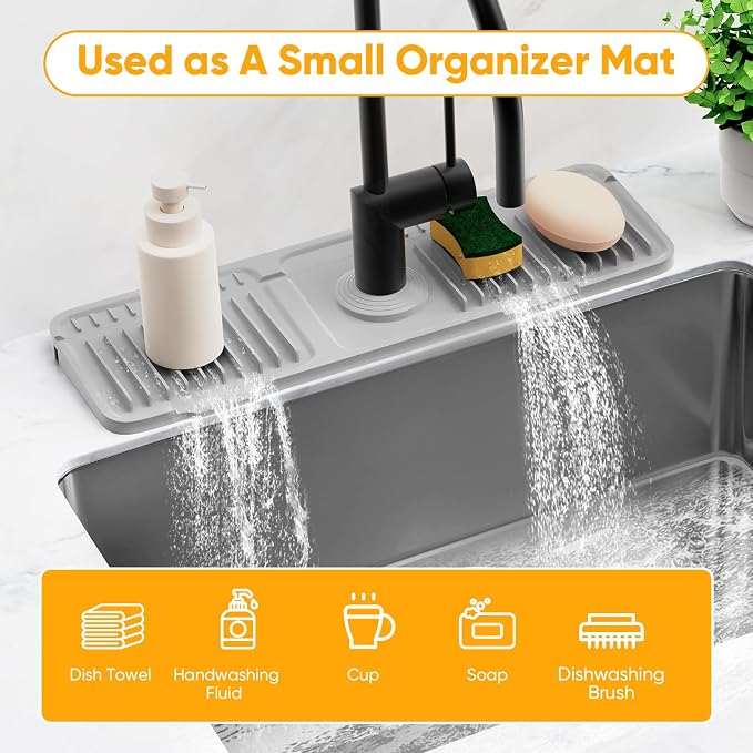 17.7'' Folding Faucet Mat for Kitchen Sink Splash Guard[7° Slope Fast Self-draining][Snap Lock Fit] Kitchen Sink Faucet Mat Splash Guard Kitchen Sink Area Water Splash Guard Behind Faucet Draining Mat