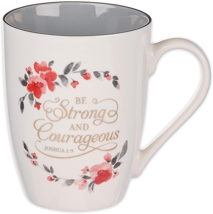 Christian Art Gifts Encouraging Coffee & Tea Ceramic Scripture Mug for Women: Strong & Courageous Golden Inspirational Bible Verse, Cute Novelty Non-toxic Drinkware, White/Gray & Pink Floral, 12 oz.