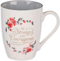 Christian Art Gifts Encouraging Coffee & Tea Ceramic Scripture Mug for Women: Strong & Courageous Golden Inspirational Bible Verse, Cute Novelty Non-toxic Drinkware, White/Gray & Pink Floral, 12 oz.