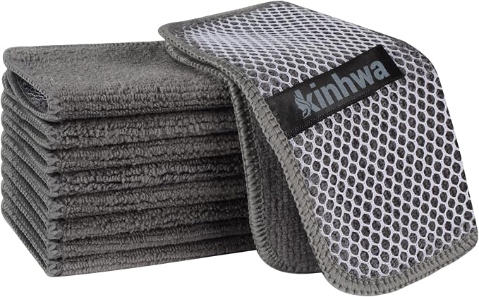 Dish Cloths for Washing Dishes with Scrub Side, Microfiber Dish Rags | Dual-sided microfiber dish cloths with scrubber for stuck-on food, quick dry kitchen washcloths 9 Pack, 6" x 6 Inch Gray