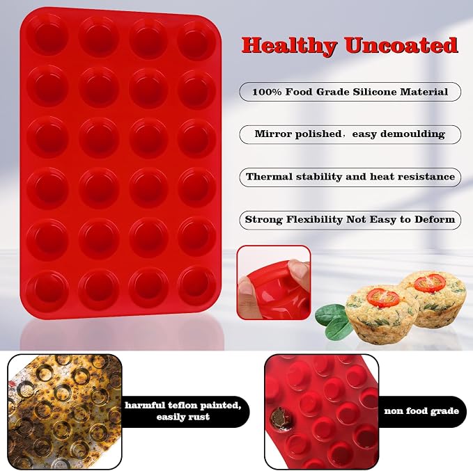 2 Pack Silicone Muffin Pan, Nonsticks 24 Cups Mini Cupcake Pans for Baking Muffin, Egg Bite, Cupcakes and Puddings (Red)