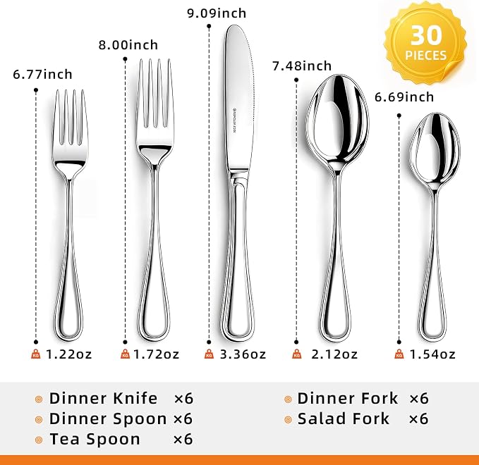 NICE KITCHEN Silverware Set for 6,30 Piece Heavy Duty Cutlery Set | Mirror Polished Stainless Steel Flatware Set,Dishwasher Safe Utensil Set with Knives Forks Spoons,Luster Series
