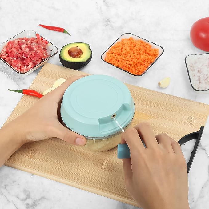 Garlic Mincer Mini Manual Hand Food Chopper with Container Kitchen Onion Vegetable Cutter Veggie Chopper Blue 500ml