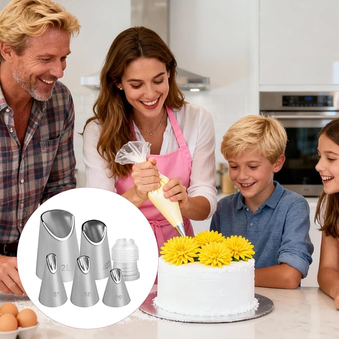 6 Pcs Cake Decorating Tips, Rose Flower Piping Tips Set with Coupler, 304 Stainless Steel Icing Nozzles for Buttercream Frosting, Cookie, Pastry, Dessert Baking for Home Bakers (79/80/81/402/402L)