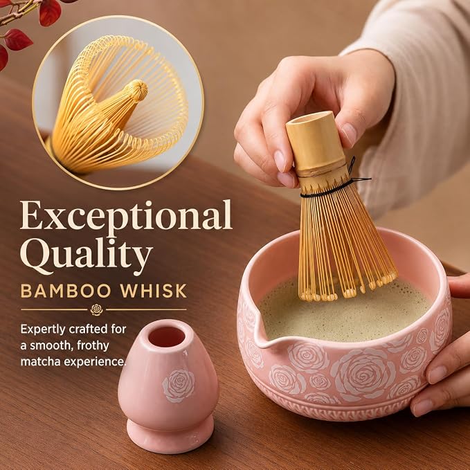 Buucup Matcha Whisk Set, Ceramic Matcha Kit with Bowl & Tools, Rose Pink | 7-piece set includes ceramic bowl, bamboo whisk, scoop, holder, rest, sifter and tea towel for home matcha preparation.