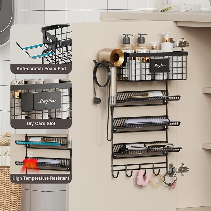 Magheo Hair Dryer Holder Wall Mounted, Adheisve Hair Styling Tool Organizer for hair Brush/Appliance Wall Mount with 5 Tier Shelf Basket Hooks Blow Dryer and Straightener Holder for Bathroom(Black)