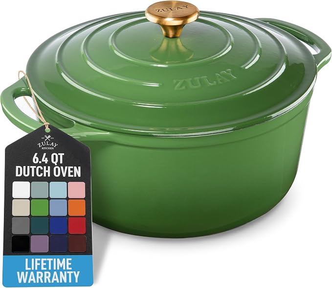 Zulay Kitchen 6.4QT Enameled Cast Iron Dutch Oven Pot with Lid, Heavy-Duty Soup Pot for Stews, Braising, Roasting & Sourdough Bread Baking, Oven Safe up to 500°F - Green