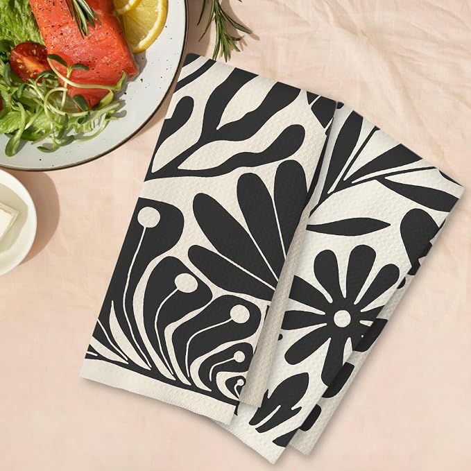Abstract Boho Neutral Floral Kitchen Towels Set of 2, 70s Retro Groovy Beige Black and White Botanical Dish Tea Towels for Kitchen Bathroom Decor, Mid Century Modern Hand Towels, 16x24in