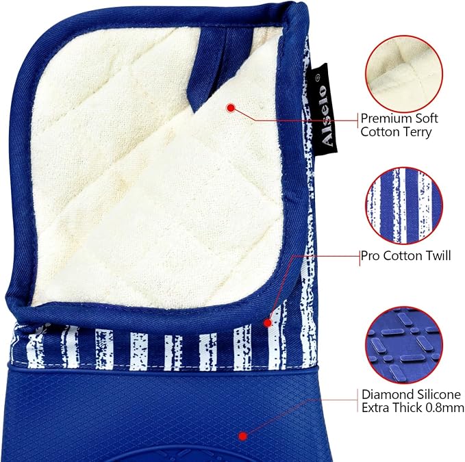 Alselo Silicone Oven Mitts Heat Resistant 932℉ with Waterproof & Non-Slip | Kitchen Mittens Set of 2,Extra Long 7.5"x15" Oven Gloves with Soft Cotton Terry Lining for Baking Cooking BBQ(Cobait Blue,2)