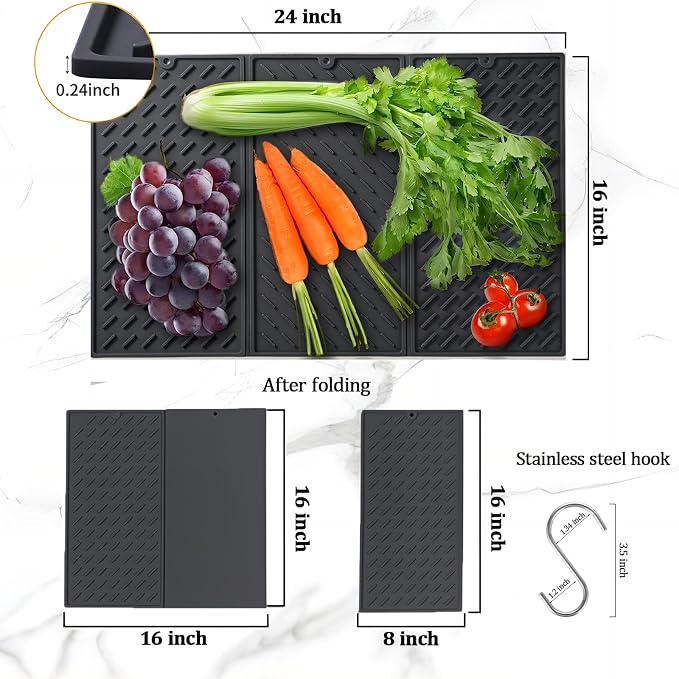 Dish Drying Mat for Kitchen Counter, Collapsible Trifold Large Dish Drainer Mat, Silicone Drying Mat with Hook, 24x16In Non-Slip Silicone Sink Mat, Easy to Clean, Black