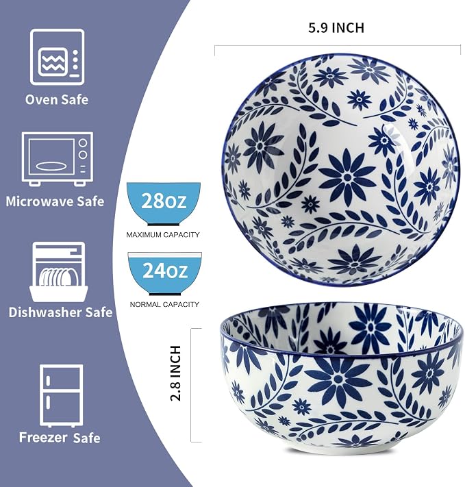 Cereal Bowls Set of 6, 28 Ounces Soup Bowls, Bohemian Ceramic Bowls for Rice, Salad, Oatmeal, Fruit, Large Bowl Set for Kitchen Decor, Microwave and Dishwasher Safe, Blue