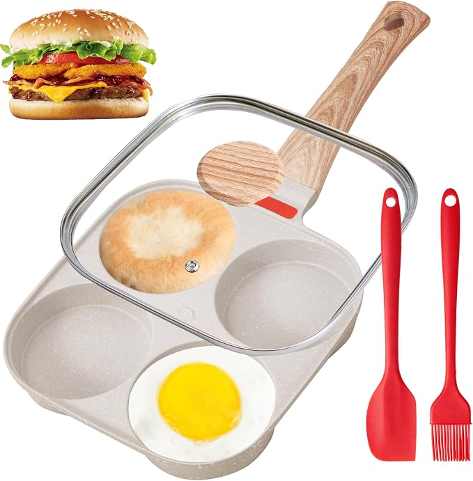 Egg Pan, Premium Egg Pans Nonstick, Omelette Pan with Lid , Healthy Egg Frying Pan for Breakfast, Egg Sandwich, Hamburger, Pancake, Egg Skillet Suitable for Gas Stove & Induction Cookware (White)