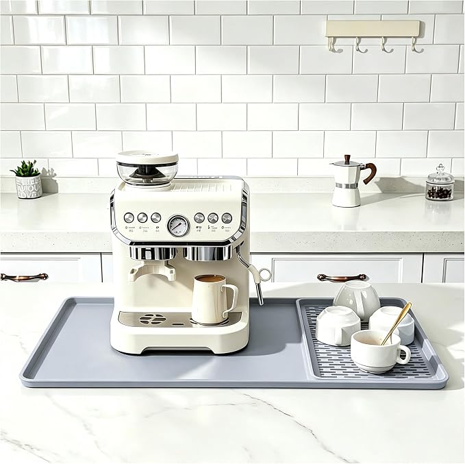 Caketime 2 In 1 Silicone Coffee Bar Mat Accessories for Keurig Coffee Maker with Detachable Dish Drying Rug Kitchen Counter Under Sink Drainer Necessities Home Decor 16"x24" Extra Large Light Gray