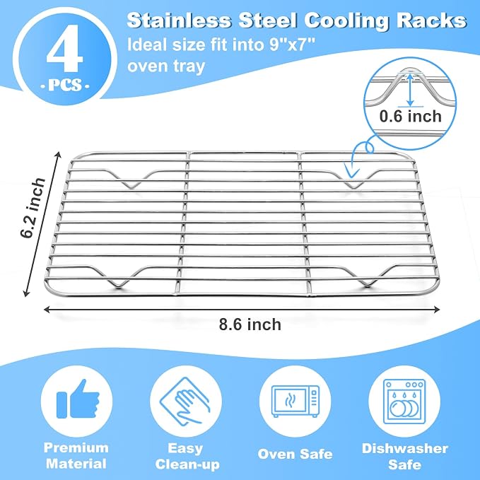 P&P CHEF 4 Pcs Baking Wire Rack for Cooling, 8.6 Inch | Rectangle Cooling Racks for Cooking and Roasting, Fit for Oven Pan, Healthy & Non-Toxic, Rust Free & Dishwasher Safe