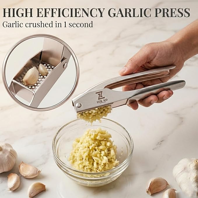 Zen MD 304 Stainless Steel Garlic Press, Heavy Duty Mincer & Crusher Tool, No Peeling Needed, Large Capacity Garlic Press and Masher, Easy Squeeze Presser, Rustproof Dishwasher Safe Kitchen Gadget