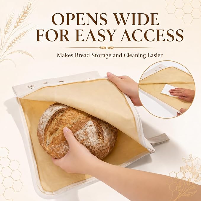Beeswax Bread Bags for Homemade Sourdough Wide Zipper Access Reusable Bag | 17" x 13" Cotton Linen Bread Storage Bag with Handle & Date Labels, Keeps Loaves Fresh Longer, Freezer Friendly, Eco Friendly