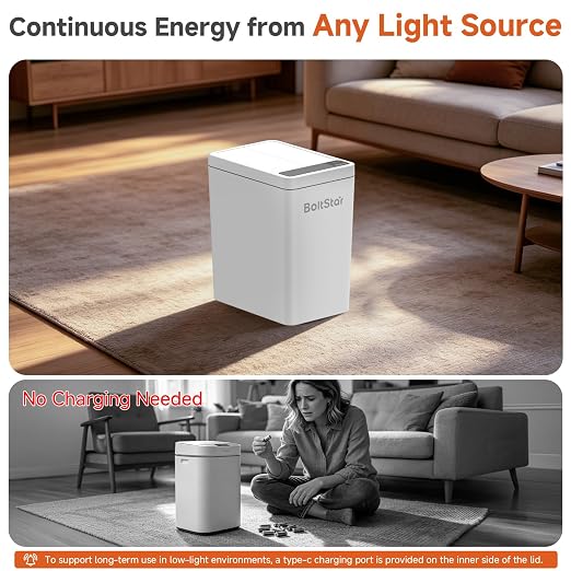 Solar Automatic Trash Can: 4 Gallon Motion Sensor Garbage Can, No Charging Required, Slim Smart Touchless Trash Bin with Lid for Bedroom, Living Room, Bathroom, Office, RV, White