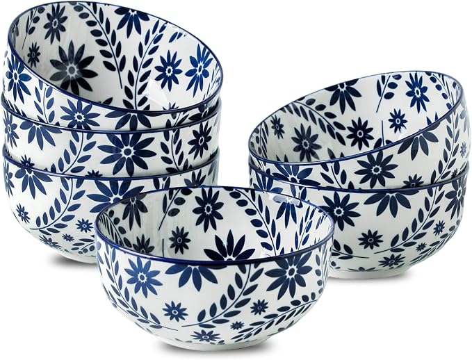 Cereal Bowls Set of 6, 28 Ounces Soup Bowls, Bohemian Ceramic Bowls for Rice, Salad, Oatmeal, Fruit, Large Bowl Set for Kitchen Decor, Microwave and Dishwasher Safe, Blue
